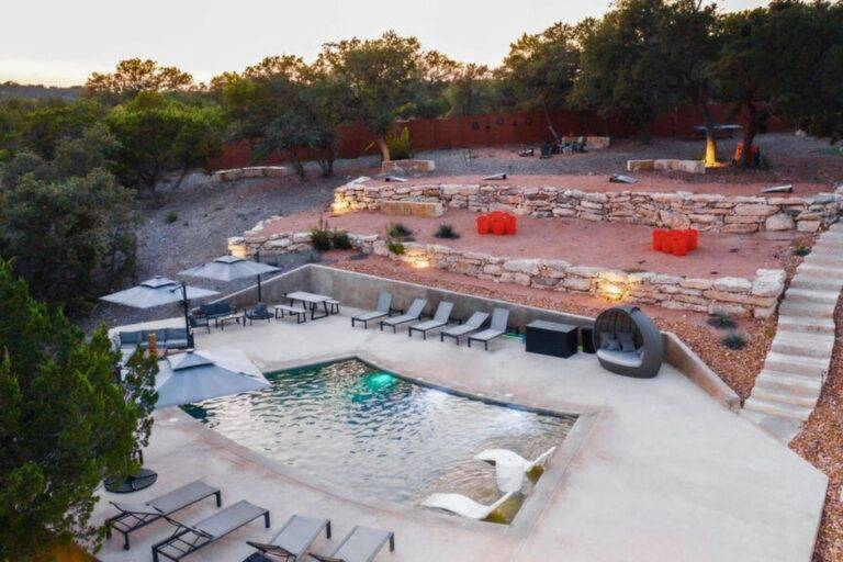 Aerial view of the pool and games area at Starlight Horizon in Canyon Lake Texas
