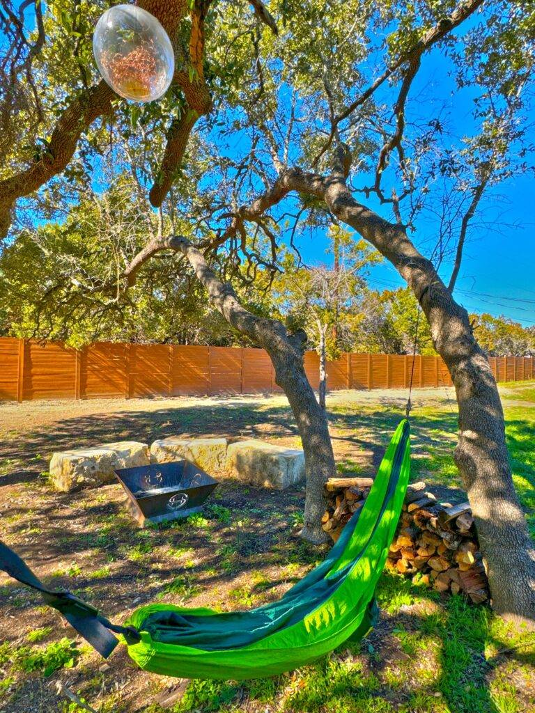 Hammock and Firepit at Starlight Horizon cabins in Canyon Lake Texas