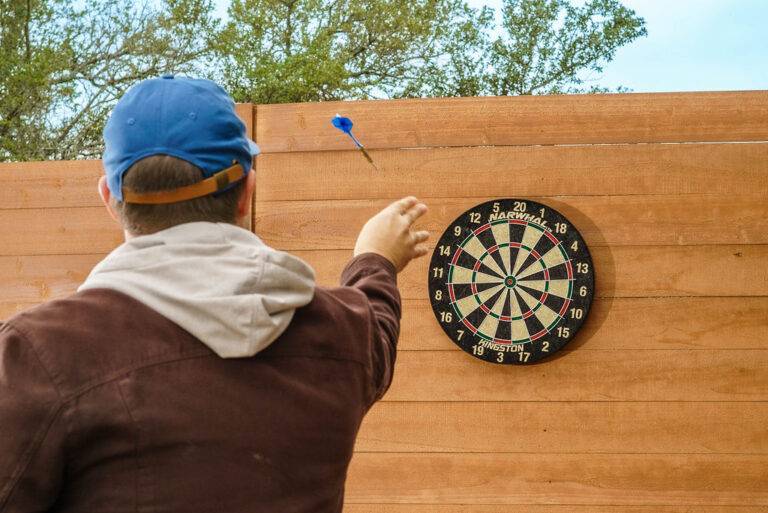 Outdoor dart board at Starlight Horizon group retreat venue in Canyon Lake