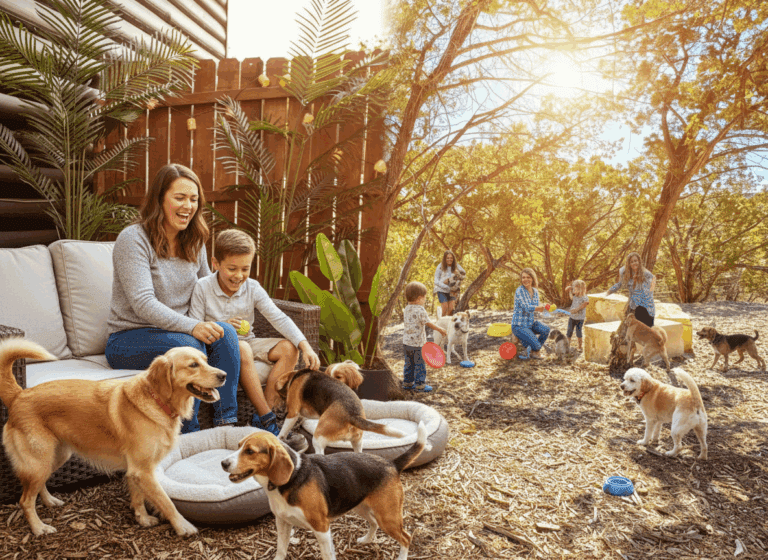 Family enjoying outdoor space with dogs at pet friendly cabins in Canyon Lake where pets stay free