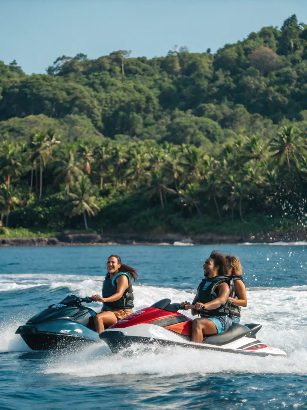 A group of friends laughing and tubing on Canyon Lake, with a speedboat pulling them and clear water splashing around.