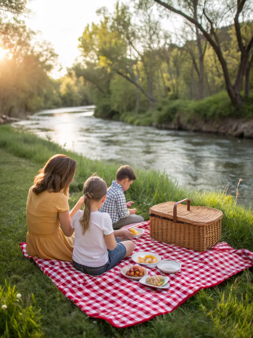 A family enjoying a picnic by Canyon Lake, with a clear blue sky and lush greenery in the background, showcasing a relaxing day out.