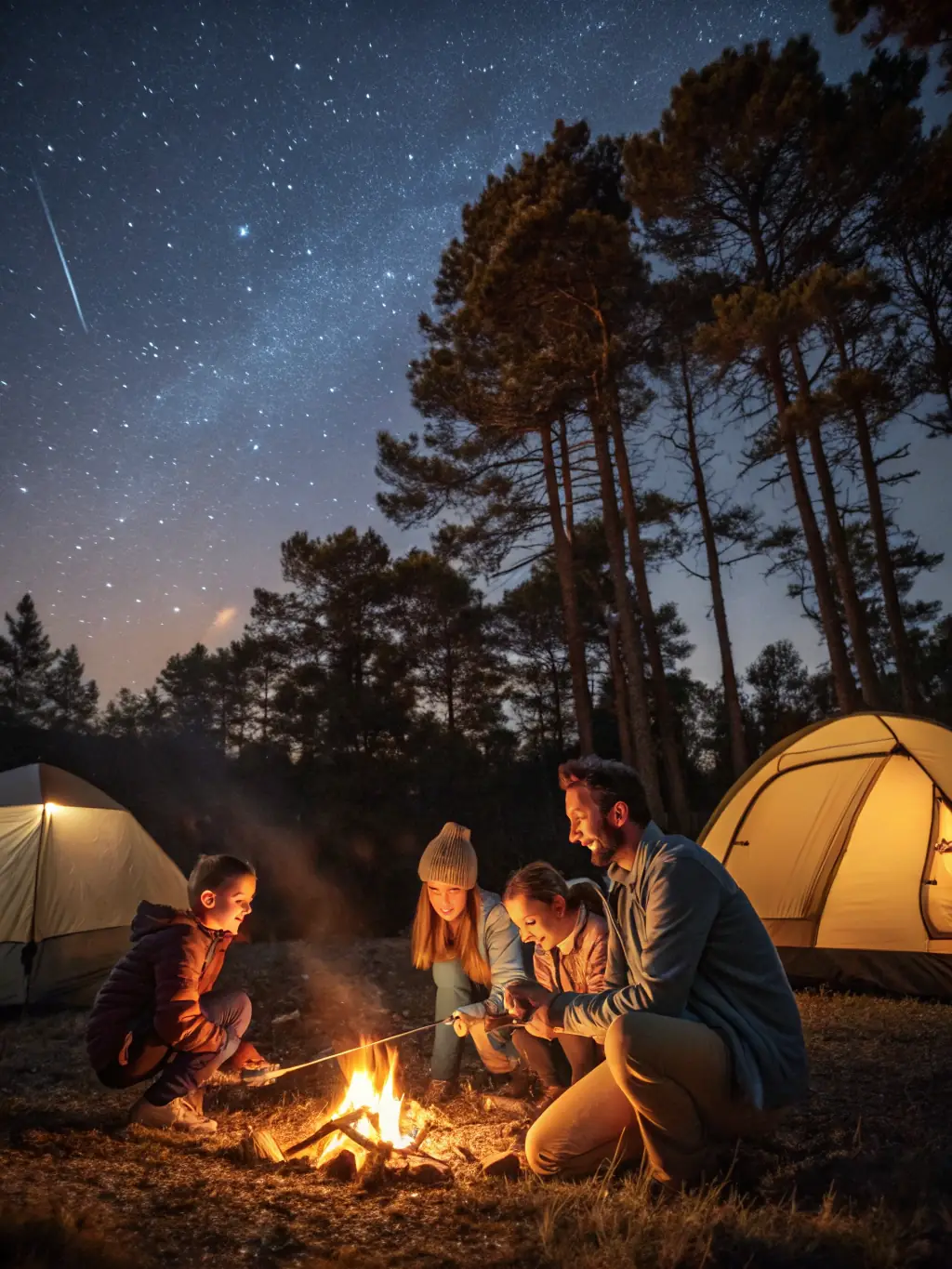 A family roasting marshmallows around a campfire at night, with stars visible in the sky and cozy cabin lights in the background.
