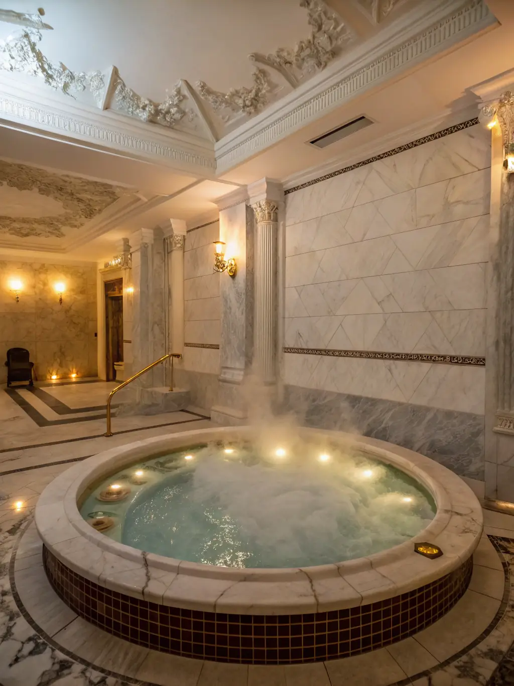 A close-up shot of the Starlight Horizon hot tub, with steam rising and jets bubbling, highlighting the therapeutic benefits and inviting atmosphere.
