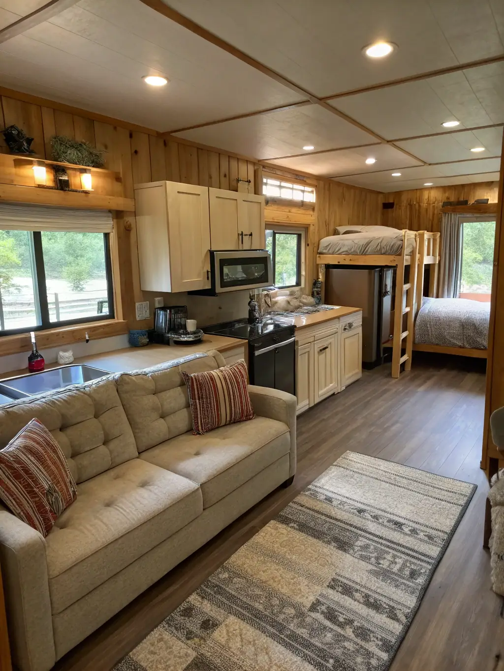 An interior shot of a Starlight Horizon cabin, showcasing the modern amenities, cozy furnishings, and scenic views, emphasizing comfort and convenience.