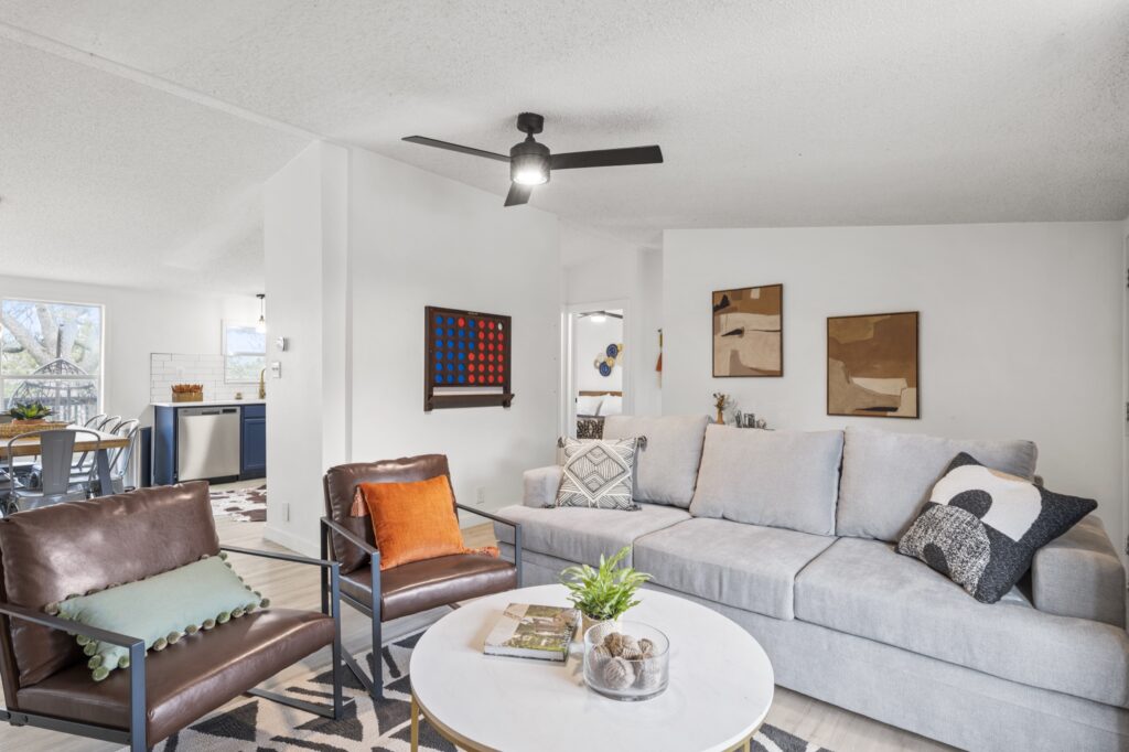 Default cabin living room at Starlight Horizon, a boutique cabin resort near Canyon Lake, Texas