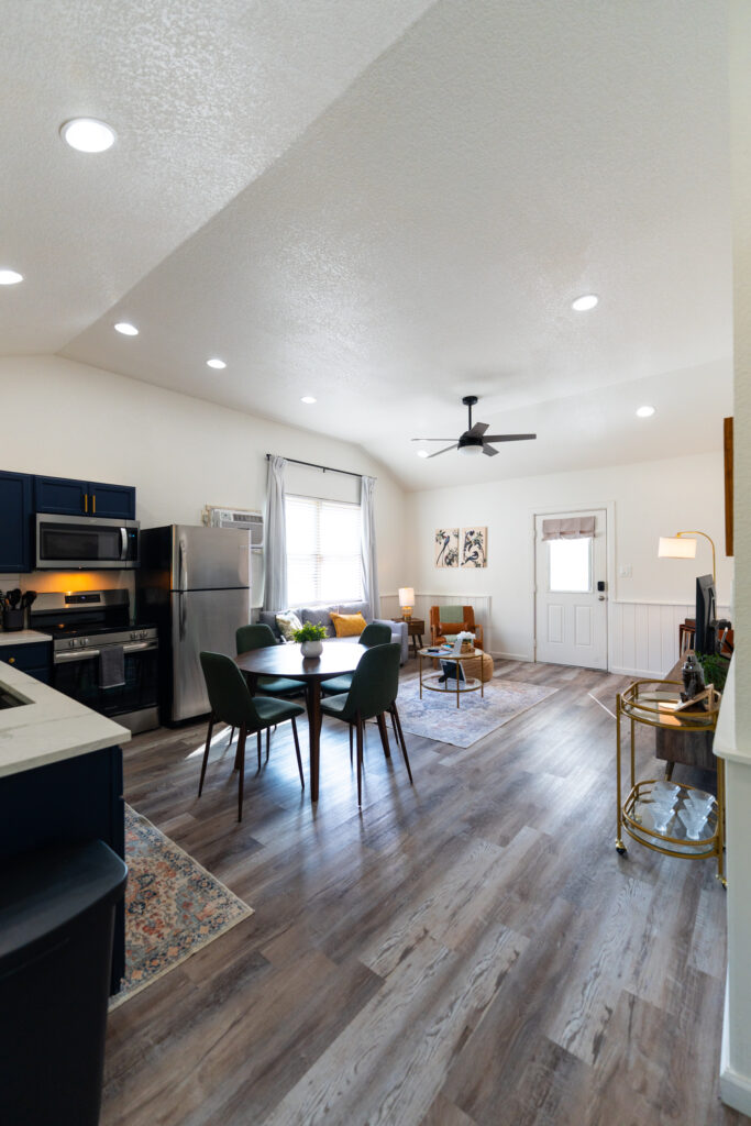 Hot Tub Cabin open living and dining area at Starlight Horizon in Canyon Lake Texas