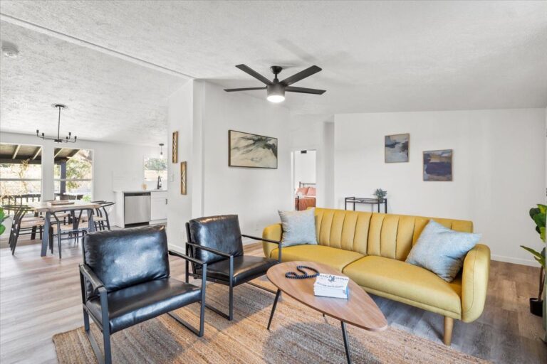 Living room in Cabin L at Starlight Horizon near Canyon Lake, Texas