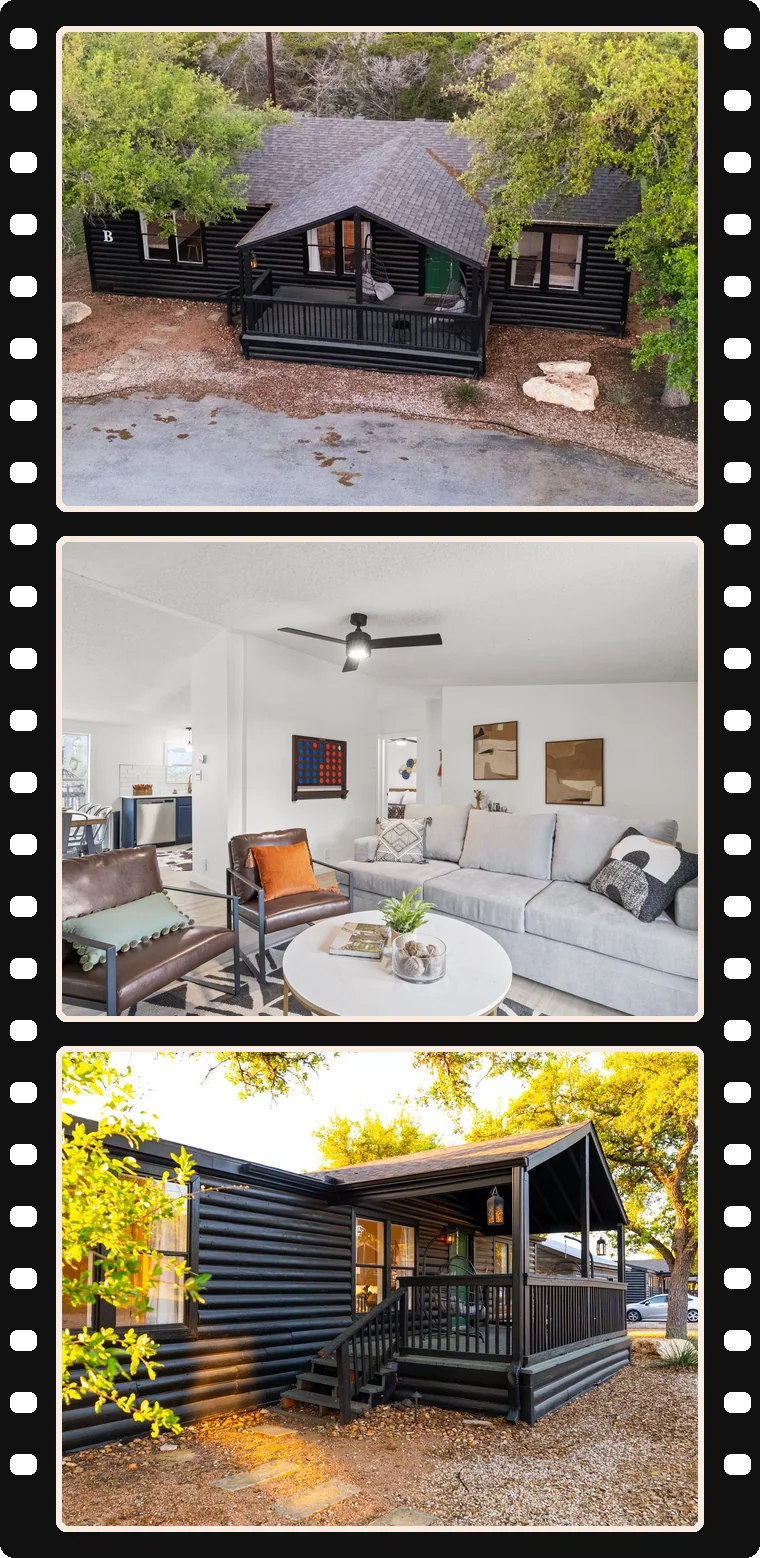 Film strip of Starlight Horizon cabin photos: aerial cabin exterior, living room, and front porch steps