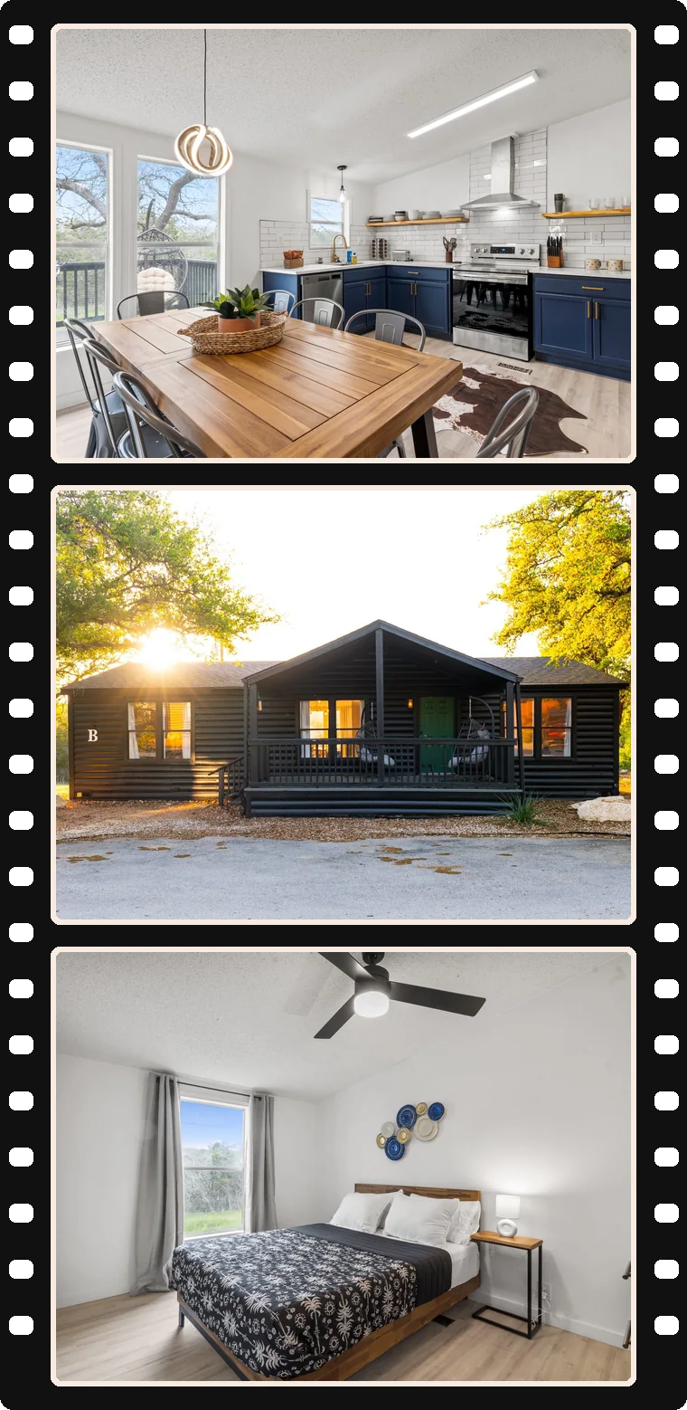 Film strip of Starlight Horizon cabin photos: kitchen with dining table, cabin front at sunset, and bedroom