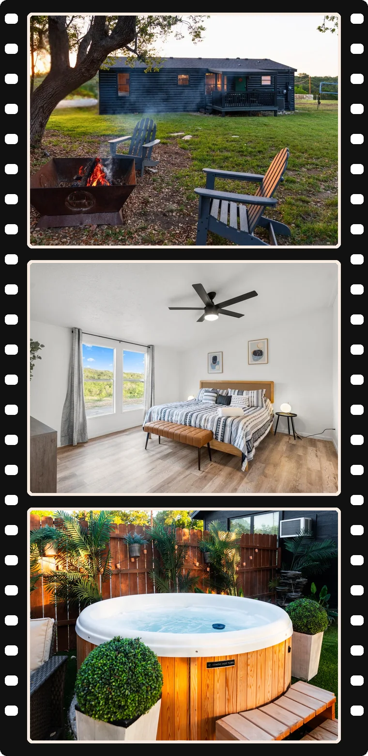 Film strip of Starlight Horizon cabin photos: backyard fire pit, bedroom, and the Hot Tub Cabin at golden hour