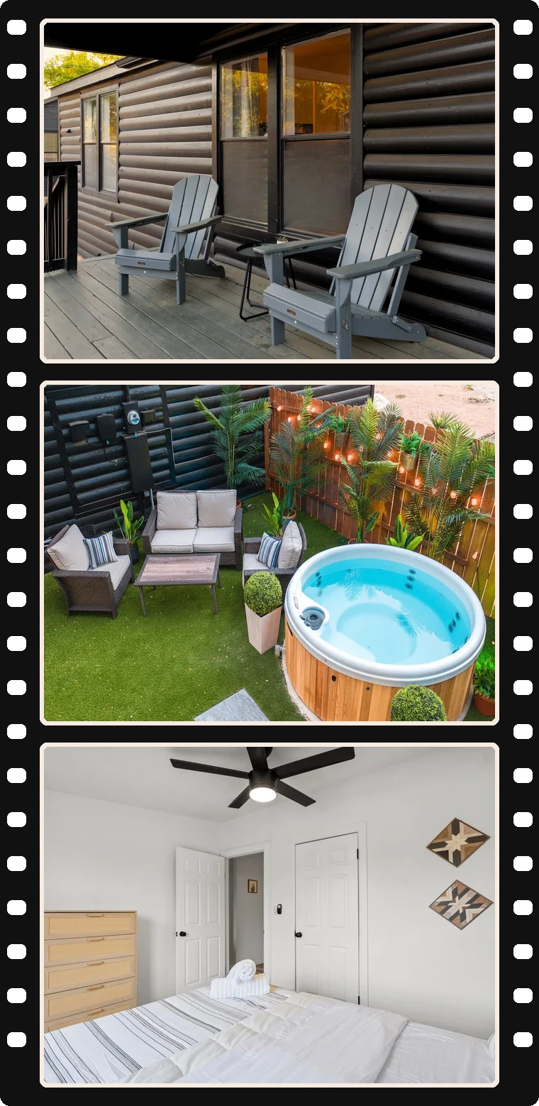 Film strip of Starlight Horizon cabin photos: front porch with chairs, the Hot Tub Cabin private hot tub, and bedroom