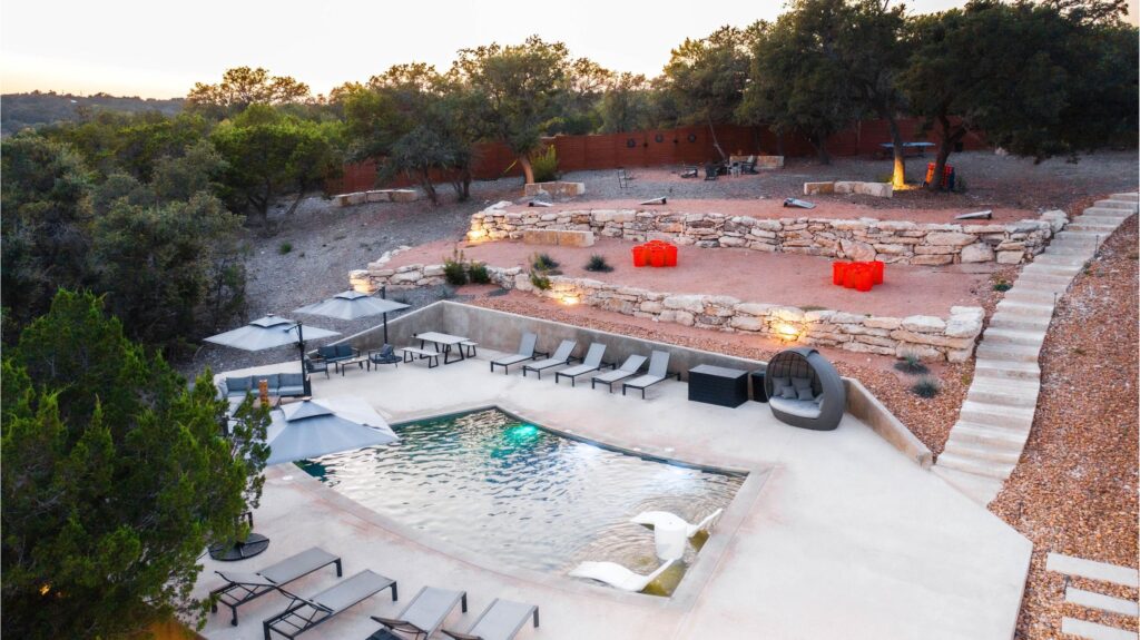 Aerial view of the full Starlight Horizon cabin property in Canyon Lake, Texas