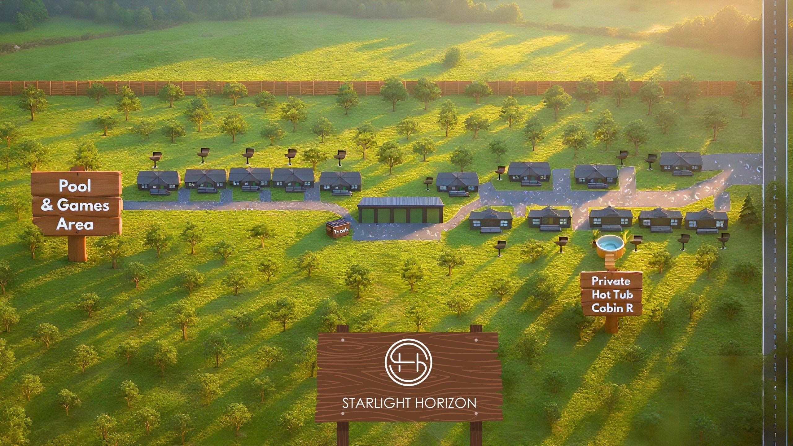 Illustrated aerial map of Starlight Horizon showing all fourteen cabins, the pool and games area, and the property entrance.